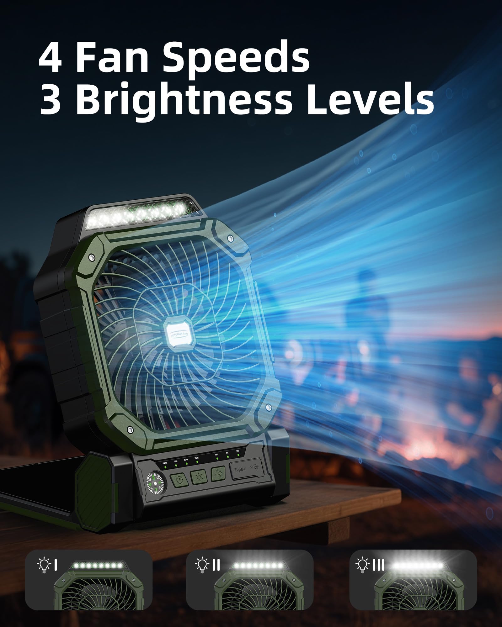 X16 Solar Powered Outdoor Camping Fan - Rechargeable Portable Fan with LED Light, Power Bank Feature & Compass for Travel and Emergency