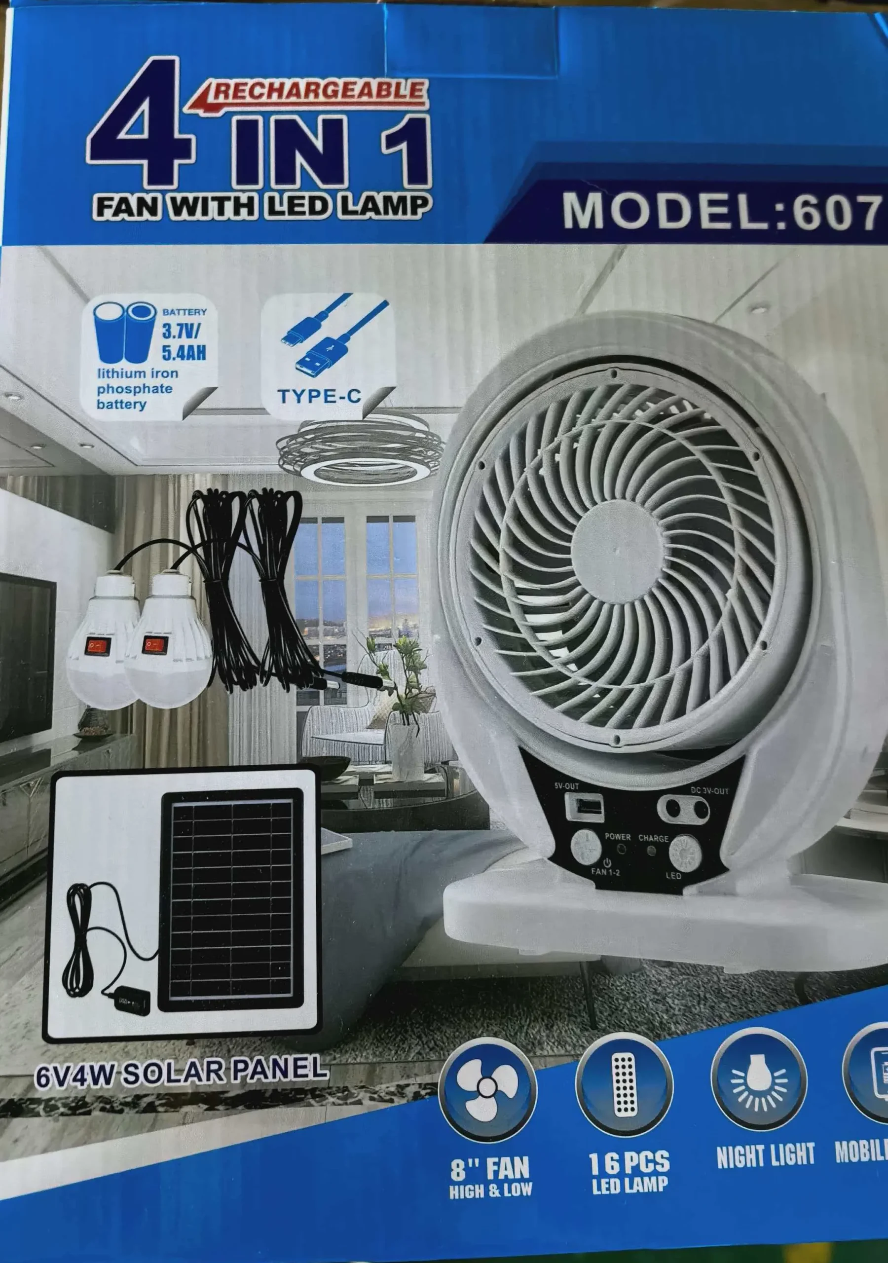 4 in 1 Rechargeable Solar Fan With Led Lamp 607