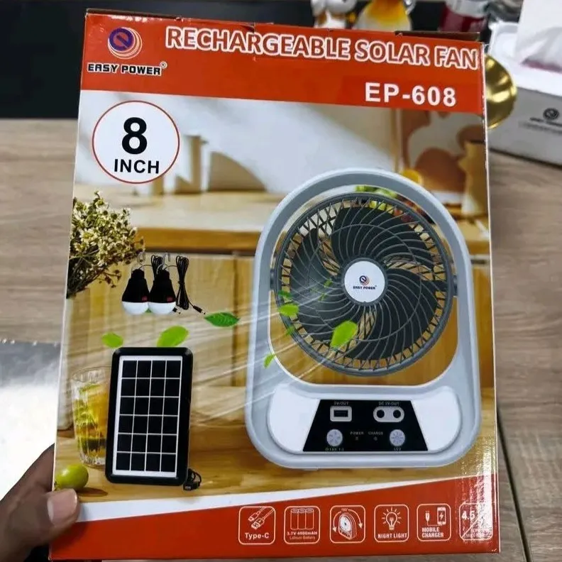608 Easy Power 8" Rechargeable Solar Fan with LED Light & Power Bank Function