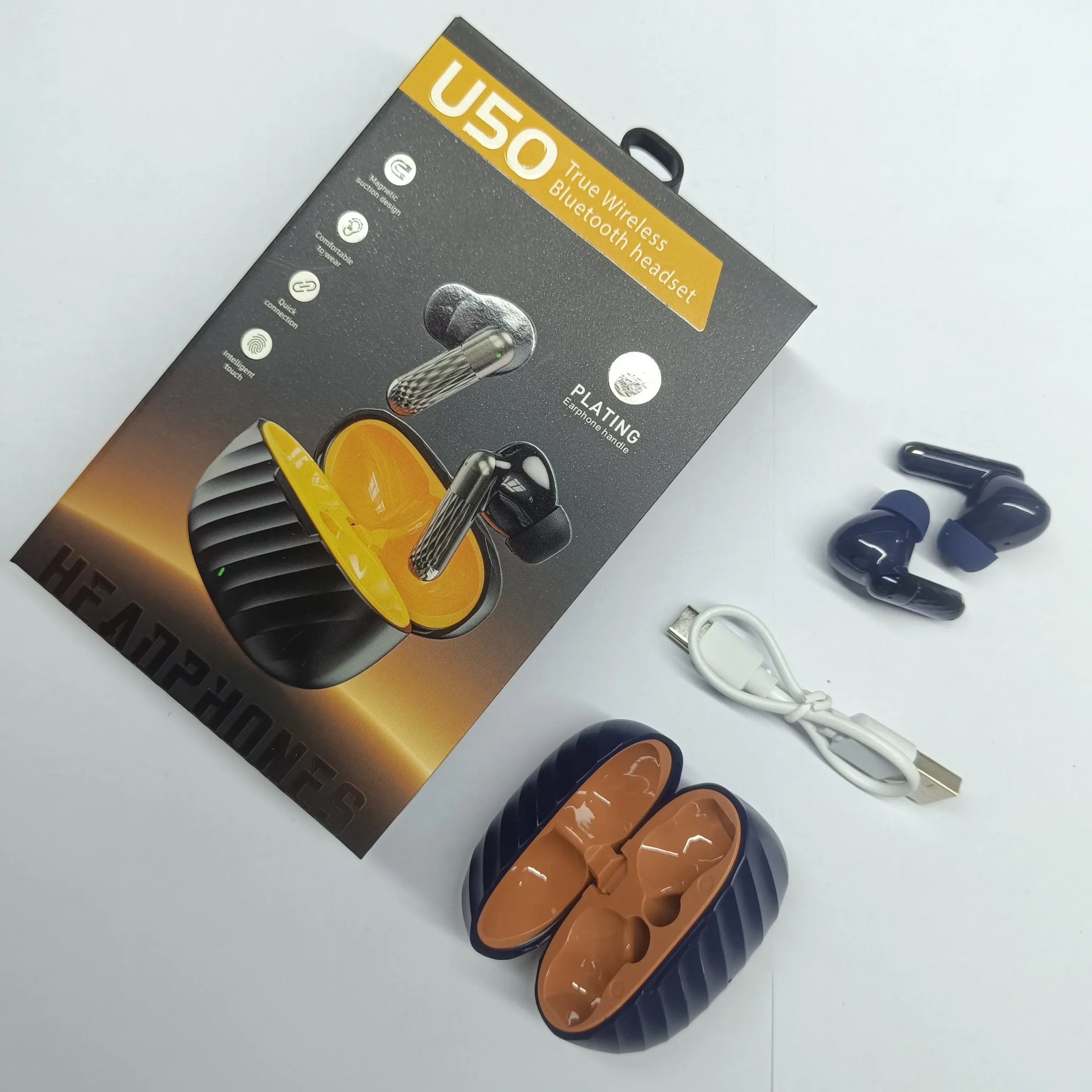 U50 TWS Bluetooth Headset | প্রিমিয়াম প্লেটিং হ্যান্ডেল, ইন্টেলিজেন্ট টাচ | >4h মিউজিক Earbuds | কুইক কানেকশন, ১ ঘণ্টা ফাস্ট চার্জিং | ম্যাগনেটিক সাকশন TWS হেডফোন